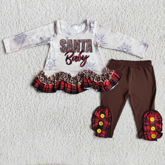 Girls Christmas Santa Baby Outfits Long Sleeves Brown Pants