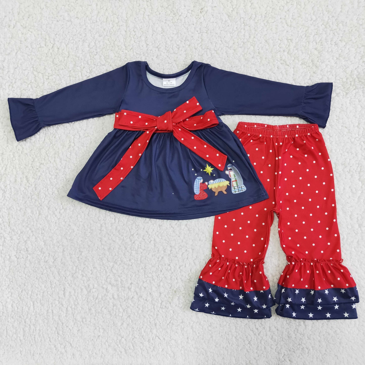 6 B1-2 Girls Nativity Outfits Long Sleeves Red Polka Dot Pants