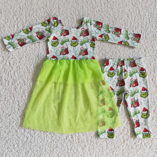 Girls Christmas Outfits Green Skirt Long Sleeved Pants
