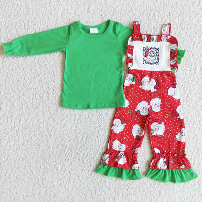 6 C7-4  Girls Christmas Santa Outfits Long Sleeves Overalls