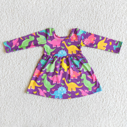 Girls Dinosaurs Dress Long Sleeves Purple