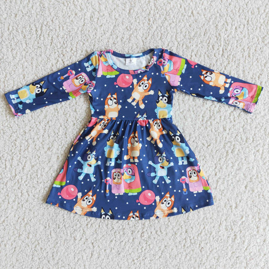 Girls Cartoon Dress Long Sleeves Blue