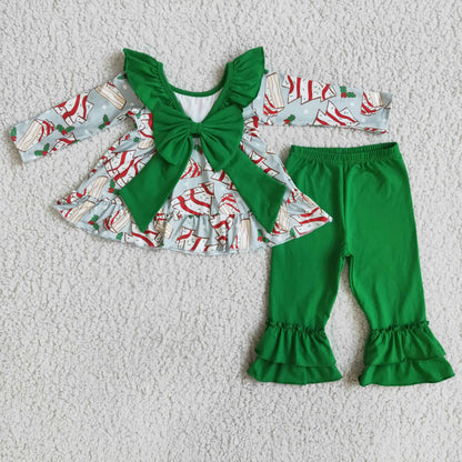 Girls Christmas Candy Outfits Long Sleeves Green Pants Bows