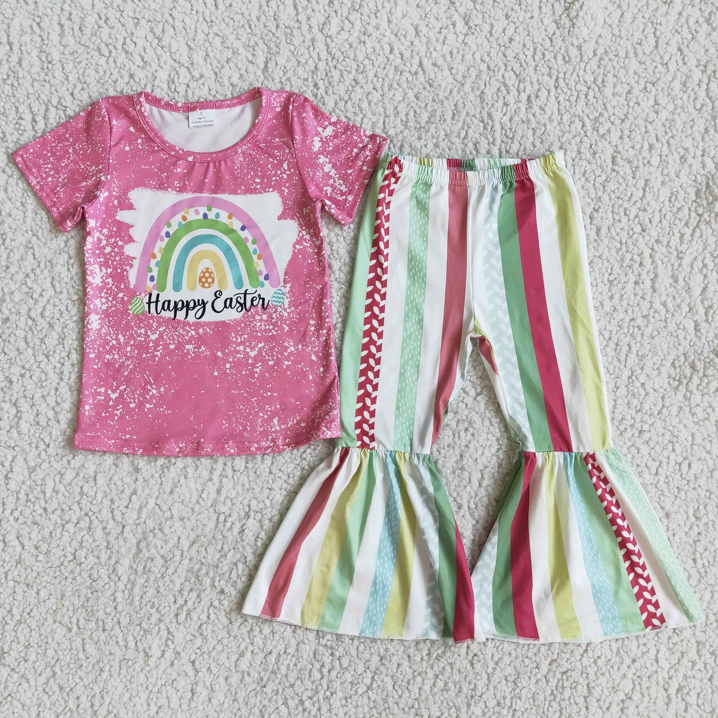 Girls Happy Easter Outfits Short Sleeves Stripe Pants