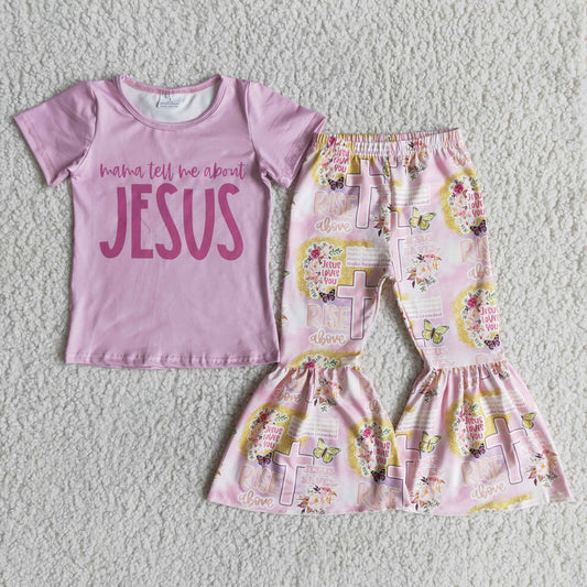 Girls Jesus Outfits Short Sleeves Pink Pants