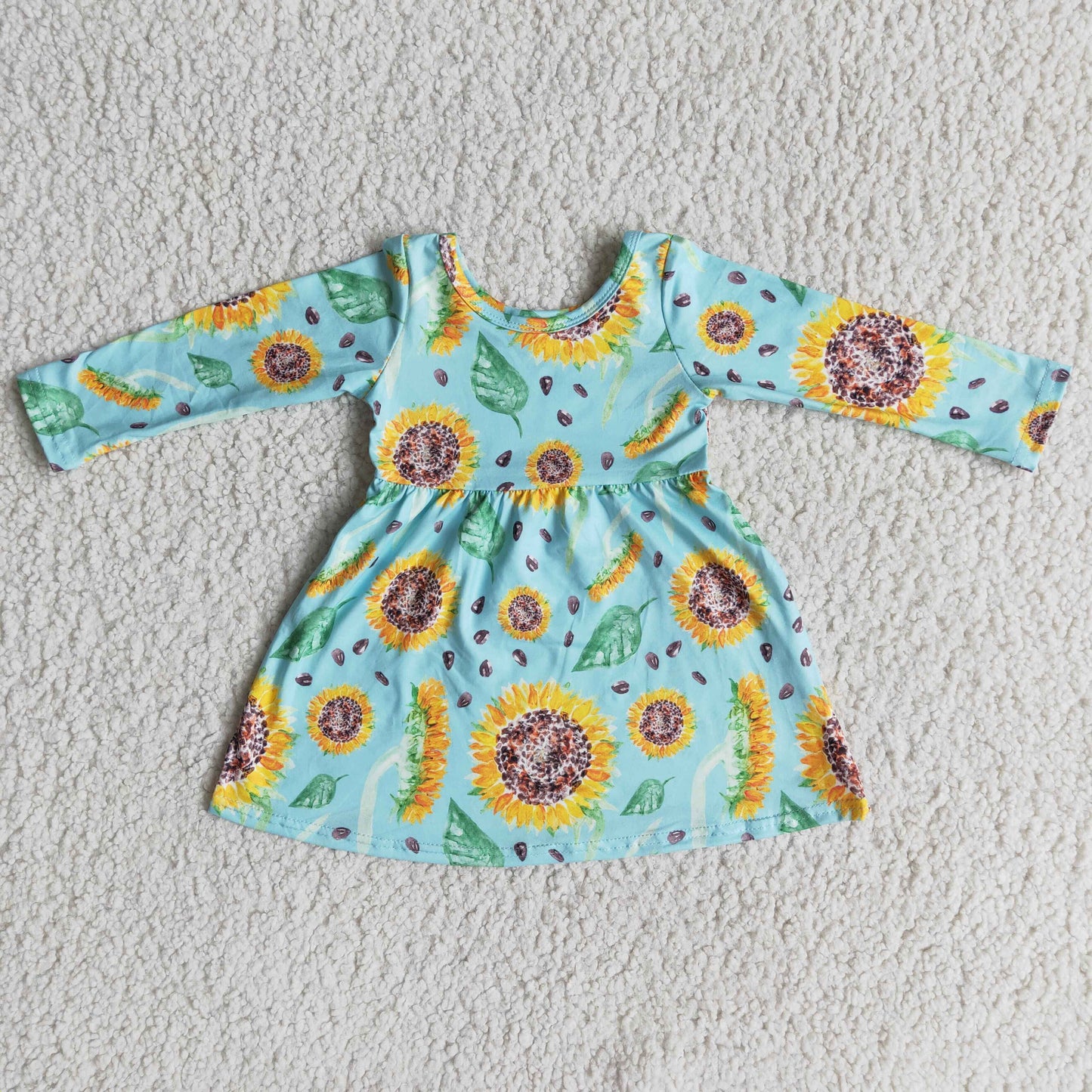 Girls Sunflowers Blue Dress Long Sleeves