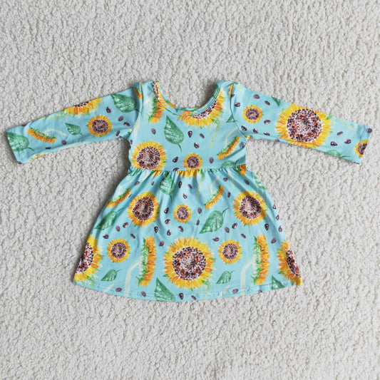 Girls Sunflowers Blue Dress Long Sleeves