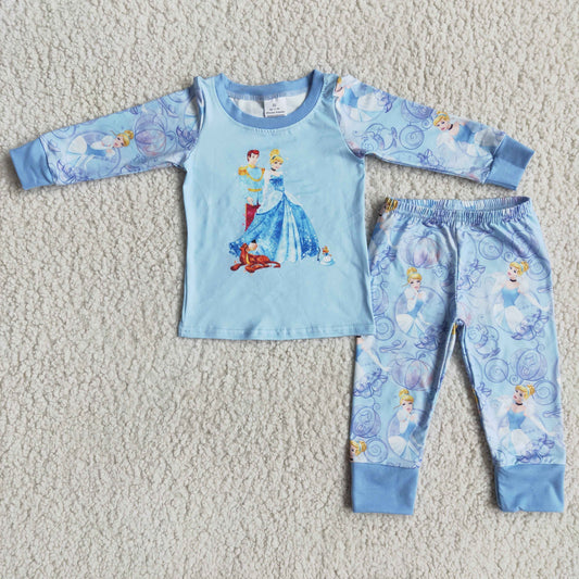 Girls Princess Pajamas Long Sleeves Sky Blue