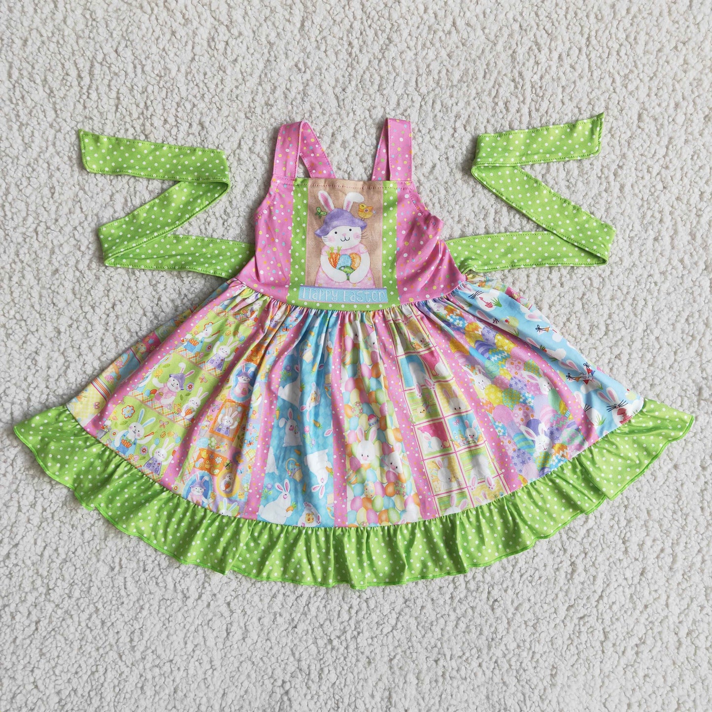 Girls Easter Bunny Twirl Dress Green With Belt