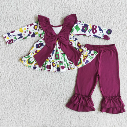 Girls Outfits Long Sleeves Purple Pants Bows