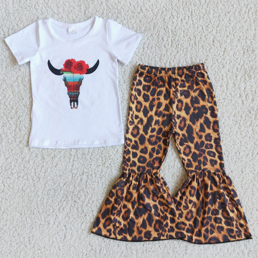 Girls Cow Outfits Short Sleeves Bell Bottom Leopard Pants