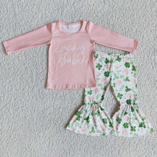 Girls St Patrick's Day Lucky Babe Outfits Short Sleeves Pink