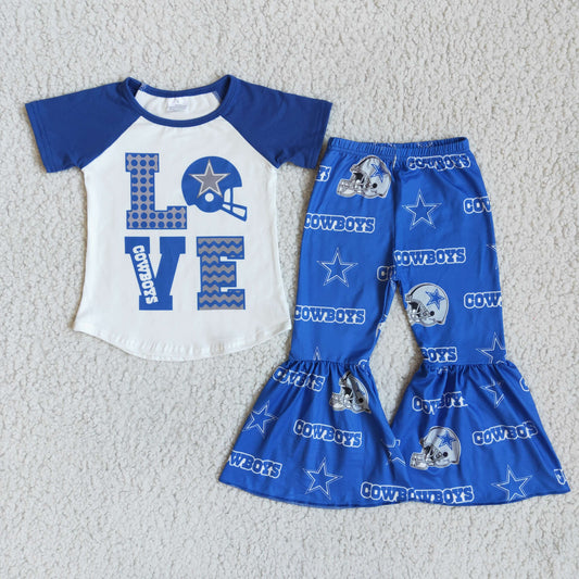 Girls Love Cowboys Outfits Short Sleeves Bell Bottom Pants Blue