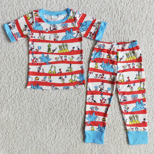 Boys Cartoon Pajamas Short Sleeves Blue Joggers