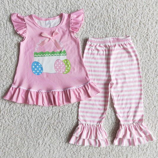 Girls Easter Egg Outfits Short Sleeves Pink Stripe Pants