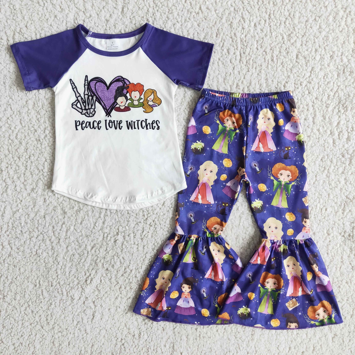 Girls Peace Love Witches Outfits Short Sleeves Purple Pants