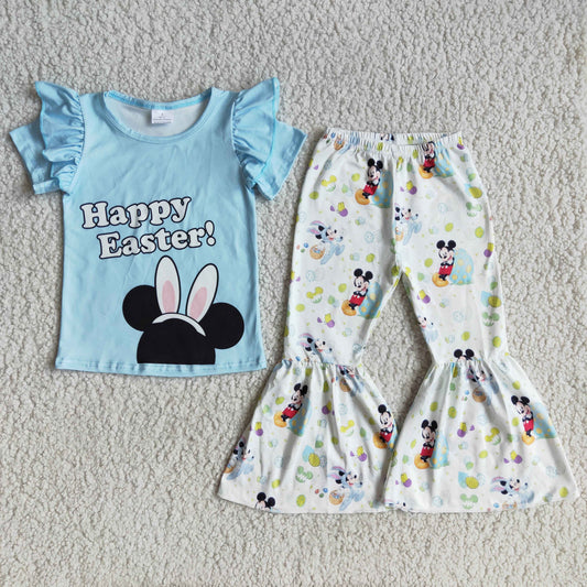 Girls Happy Easter Outfits Short Sleeves Bell Bottom Pants