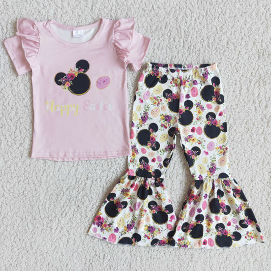 Girls Happy Easter Outfits Short Sleeves Pink Pants