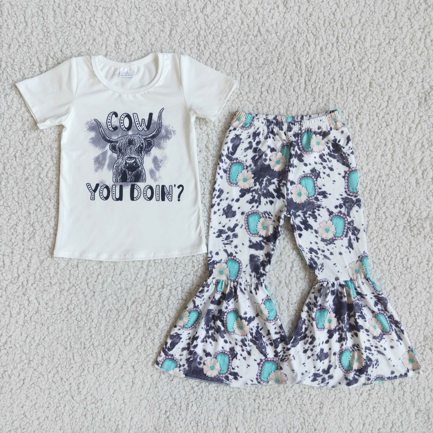 Girls Cow Outfits Short Sleeves Bell Bottom Pants