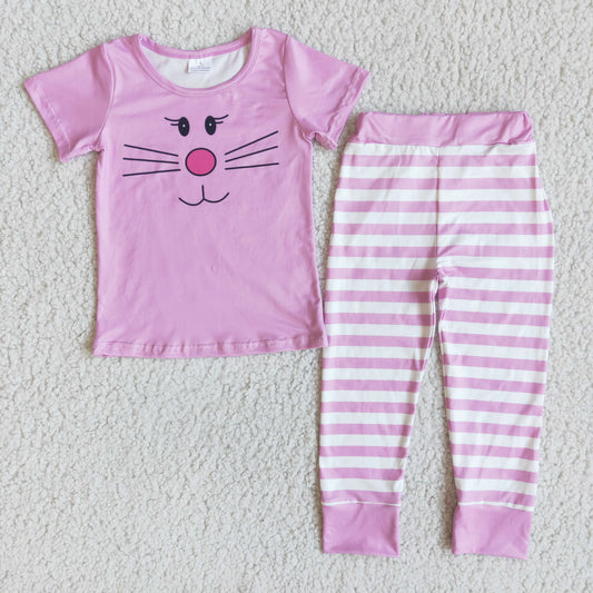 Girls Easter Rabbit Outfits Short Sleeves Stripe Pants Pink Pajamas