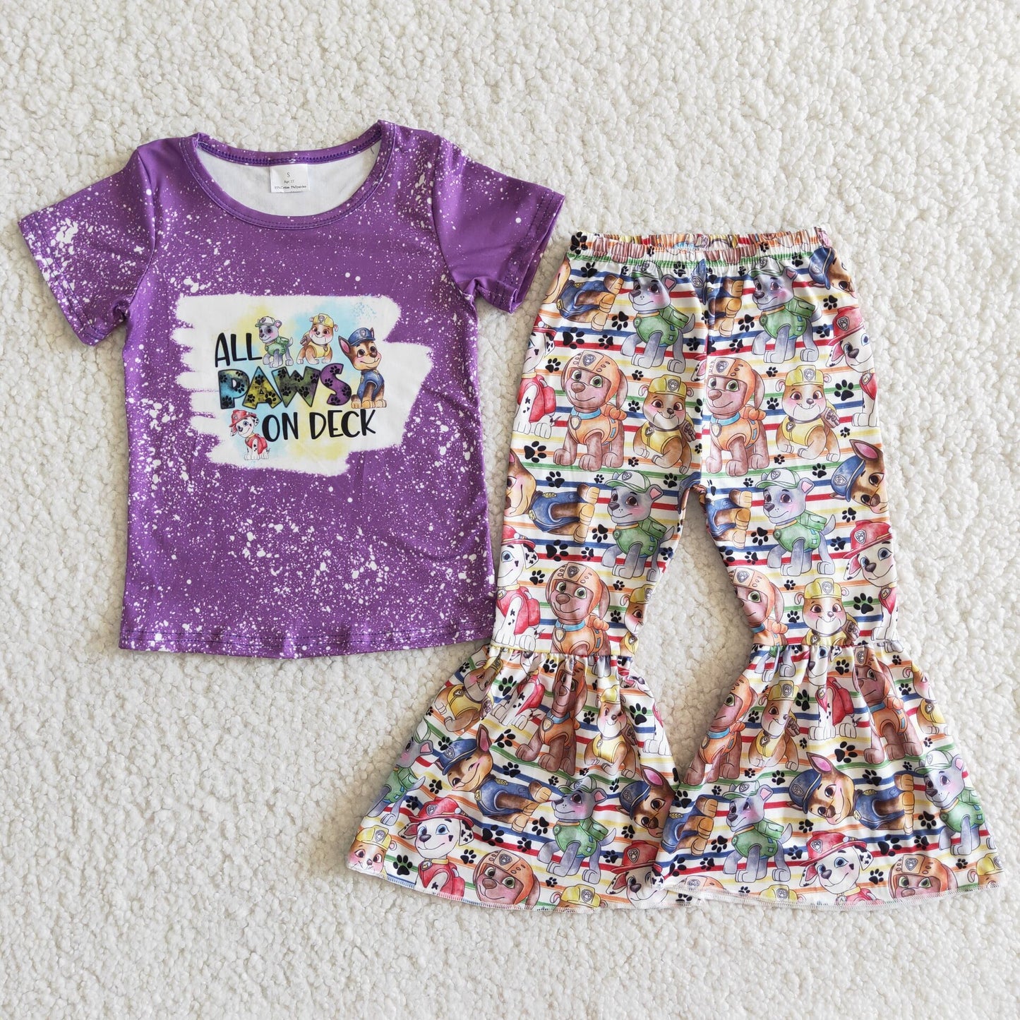 Girls Paws Purple Outfits Short Sleeves Bell Bottom Pants