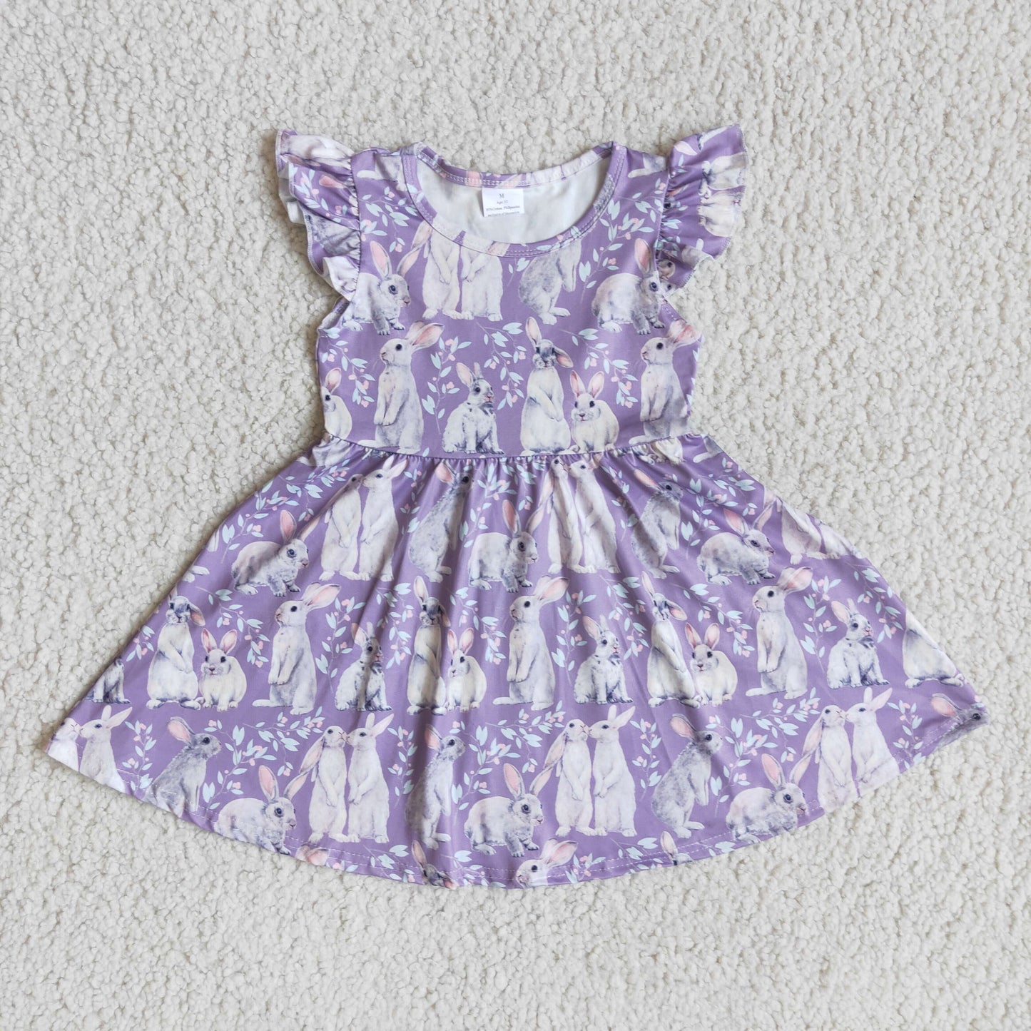 Girls Easter Rabbit Purple Dress Flutter Sleeves