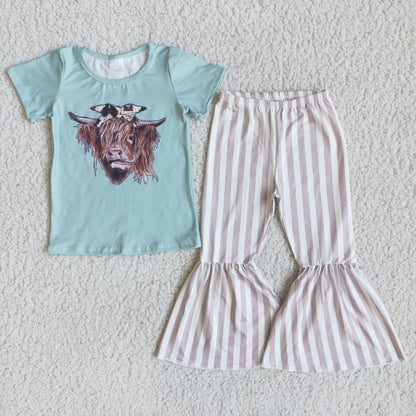 Girls Cow Outfits Short Sleeves Bell Bottom Stripe Pants