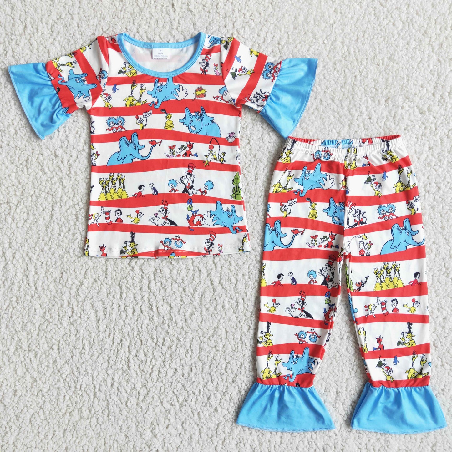 Girls Cartoon Pajamas Short Sleeves Blue Joggers