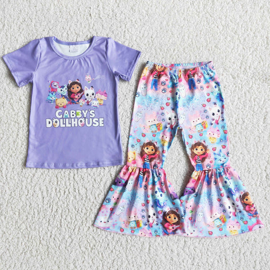 Girls Cartoon Outfits Short Sleeves Bell Bottom Pants Purple