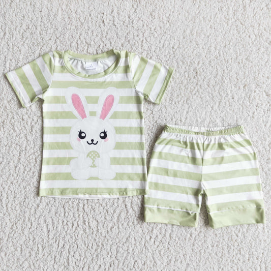 Boys Easter Bunny Outfits Short Sleeves Green Stripe Shorts