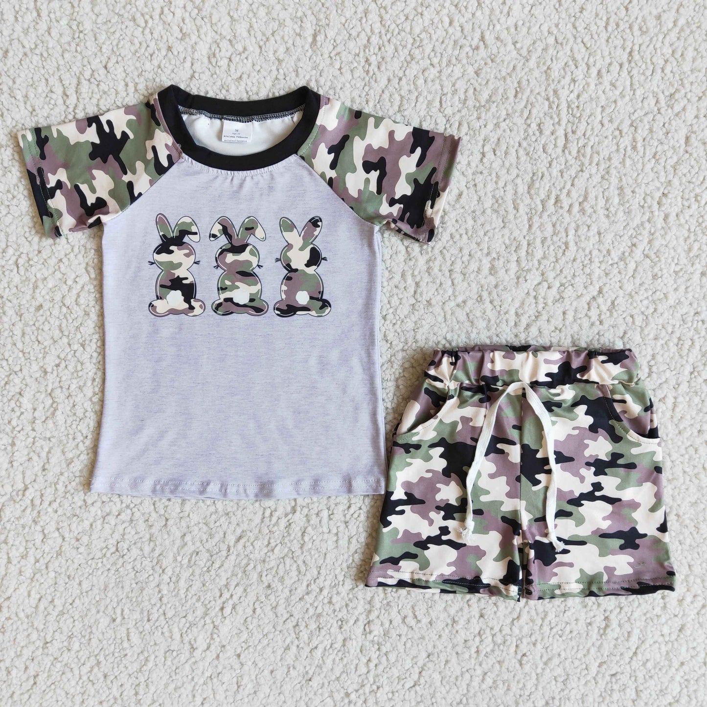 Boys Easter Bunny Outfits Short Sleeves Camouflage Shorts