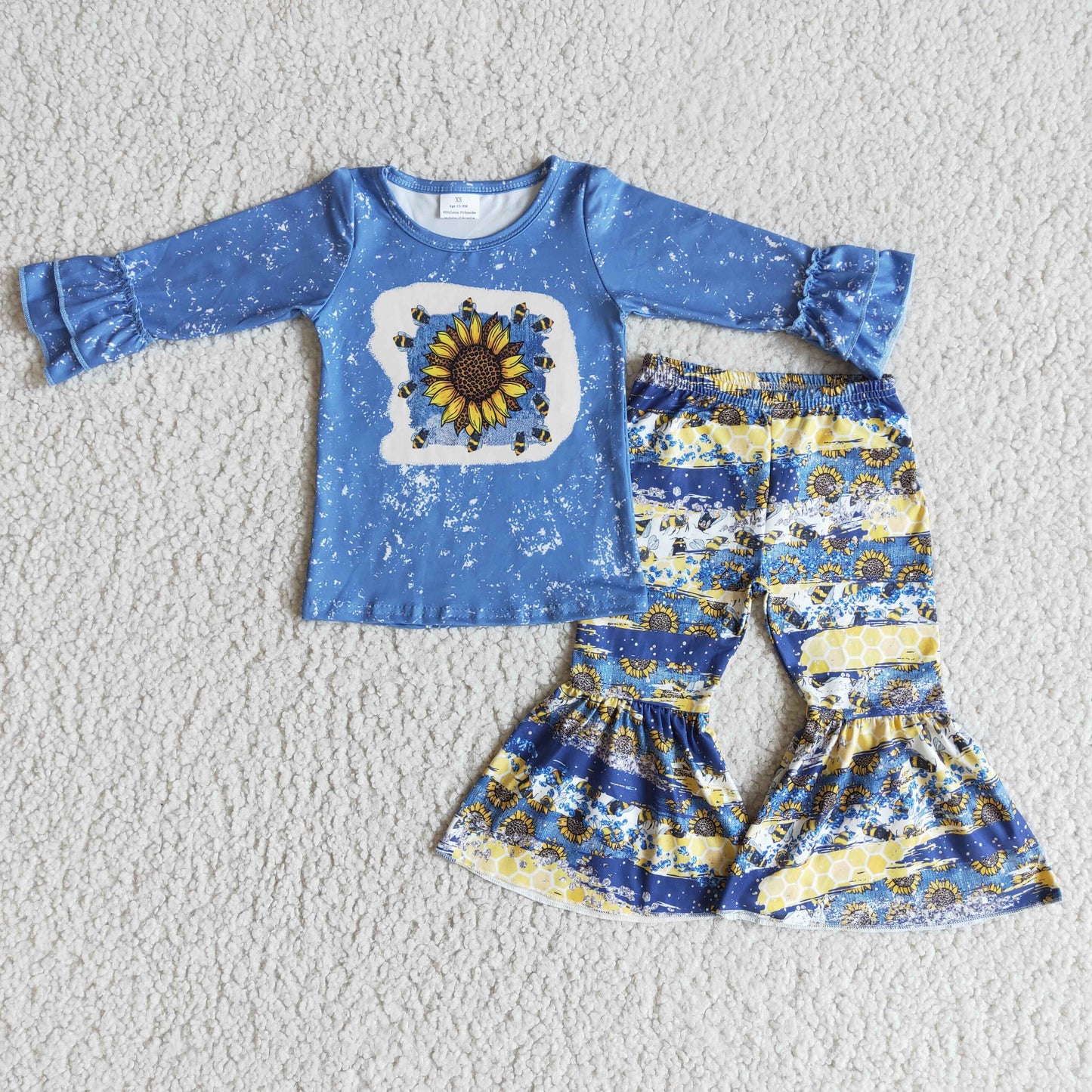 Girls Sunflowers Bee Outfits Long Sleeves Blue Pants