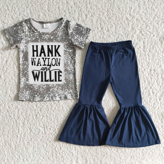 Girls HANK Outfits Short Sleeves Bell Bottom Navy Pants