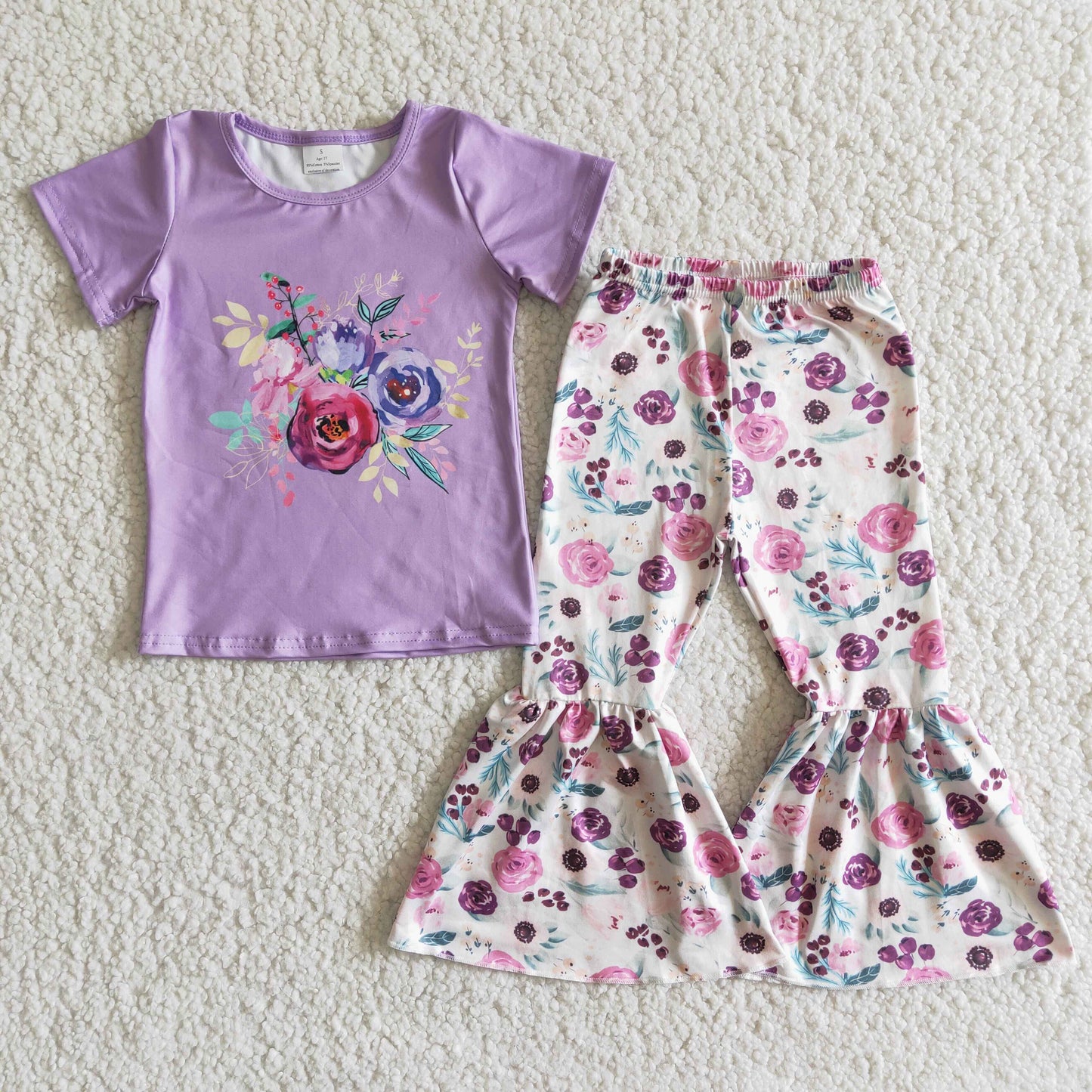 Girls Purple Floral Outfits Short Sleeves Bell Bottom Pants