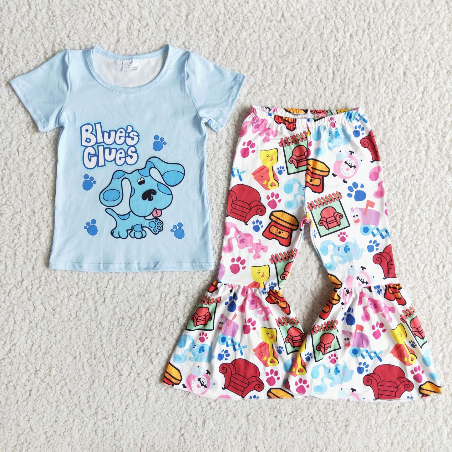 Girls Cartoon Sky Blue Outfits Short Sleeves