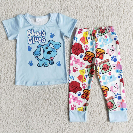 Boys Cartoon Sky Blue Outfits Short Sleeves