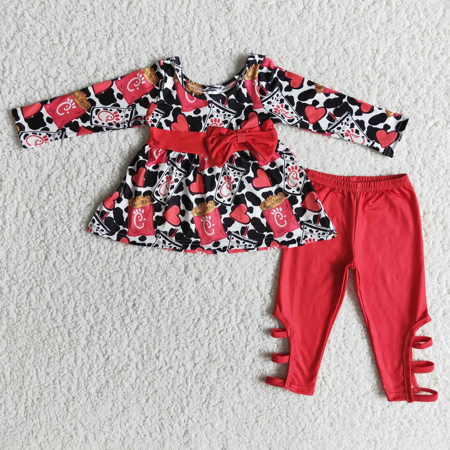 Girls Click Bows Outfits Long Sleeves Red Pants