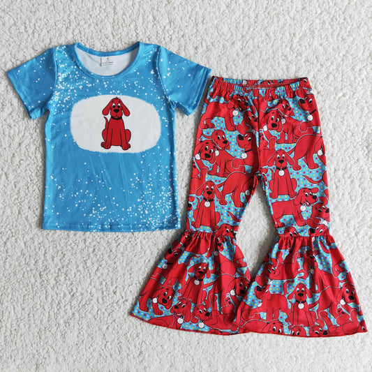 Girls Dogs Outfits Short Sleeves Red Pants