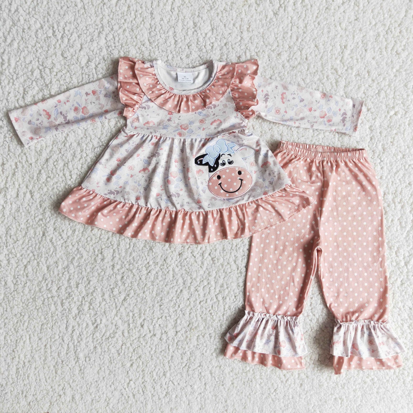 Girls Embroidery Cow Outfits Long Sleeves Pink Pants