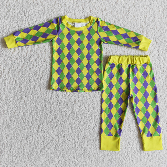 Boys Plaid Pajamas Long Sleeves Yellow Joggers