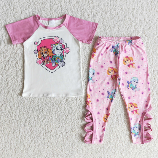 Girls Paw Outfits Short Sleeves Pink Pants