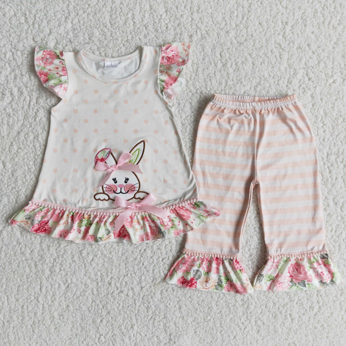 Girls Easter Embroidery Bunny Outfits Short Sleeves Stripe Pants