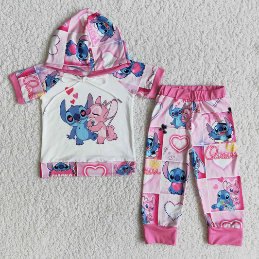 Girls Cartoon Outfits Short Sleeves Hoodies Pink Joggers