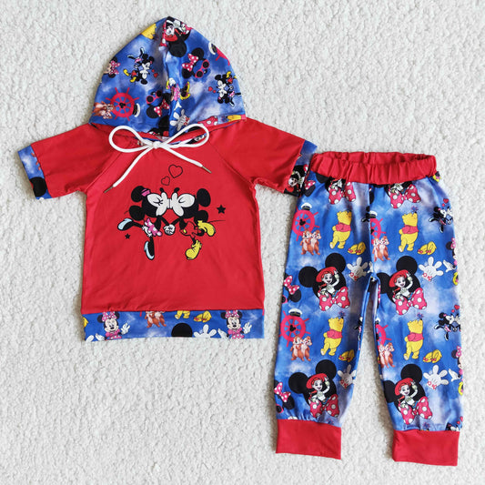 Boys Cartoon Outfits Short Sleeves Hoodies Red Joggers