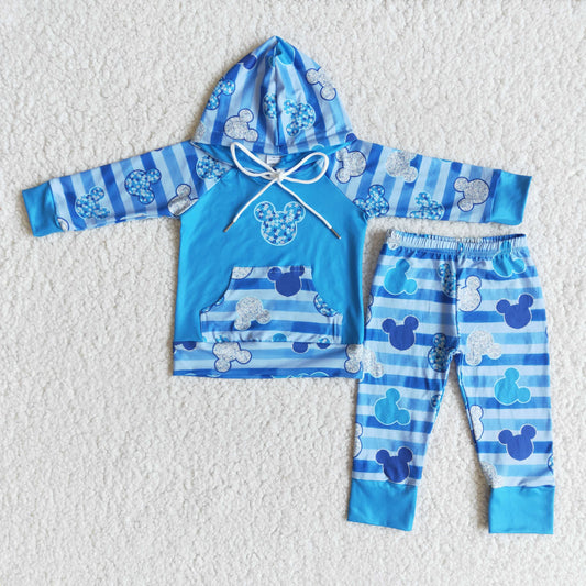 Boys Cartoon Outfits Long Sleeves Hoodies Blue Joggers