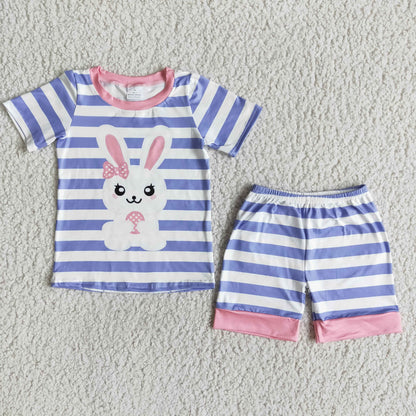 Girls Easter Bunny Outfits Short Sleeves Blue Stripe Shorts