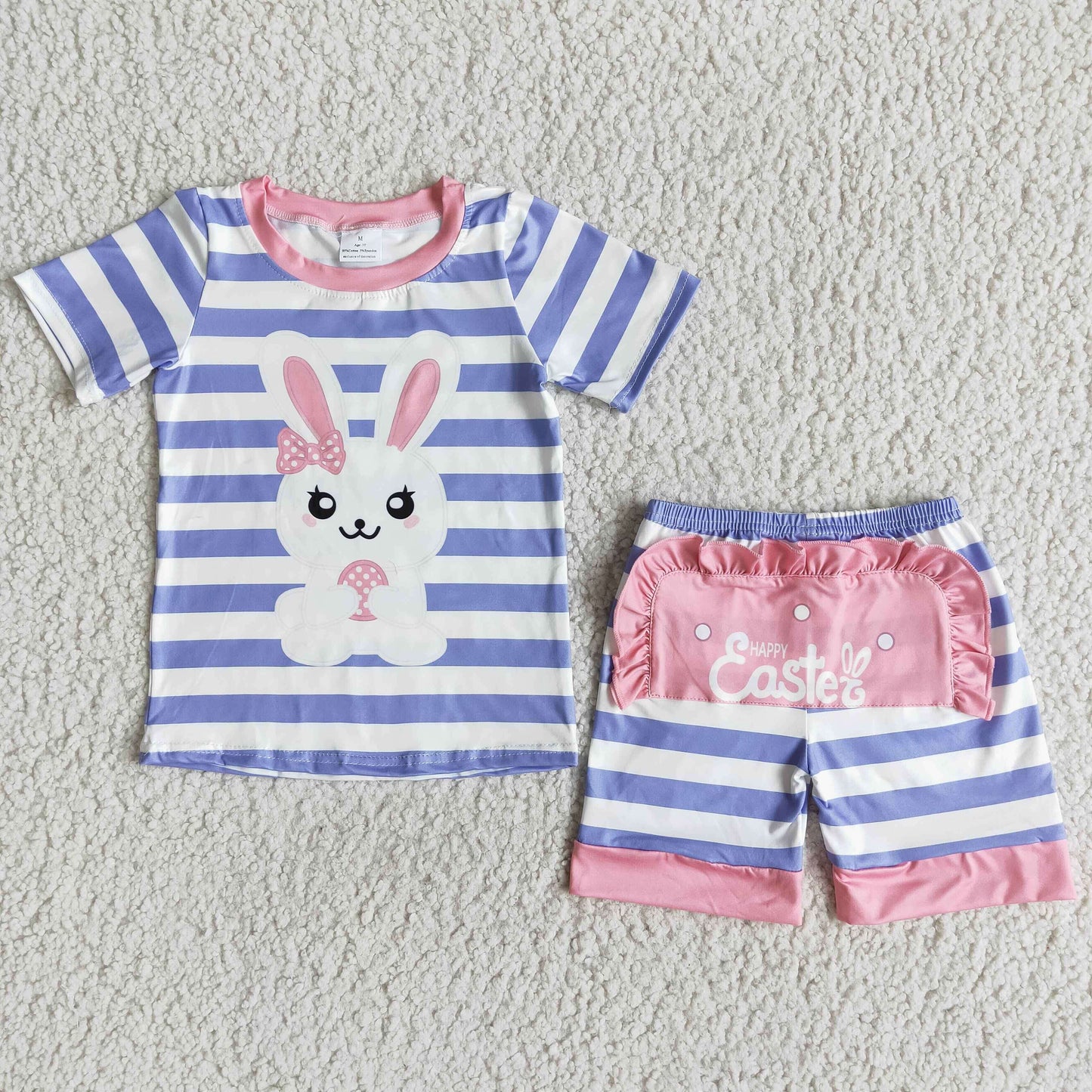 Girls Easter Bunny Outfits Short Sleeves Blue Stripe Shorts