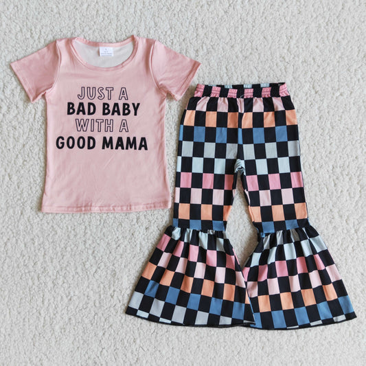 Girls Just A Bad Baby With A Good Mama Outfits Short Sleeves Bell Bottom Pants