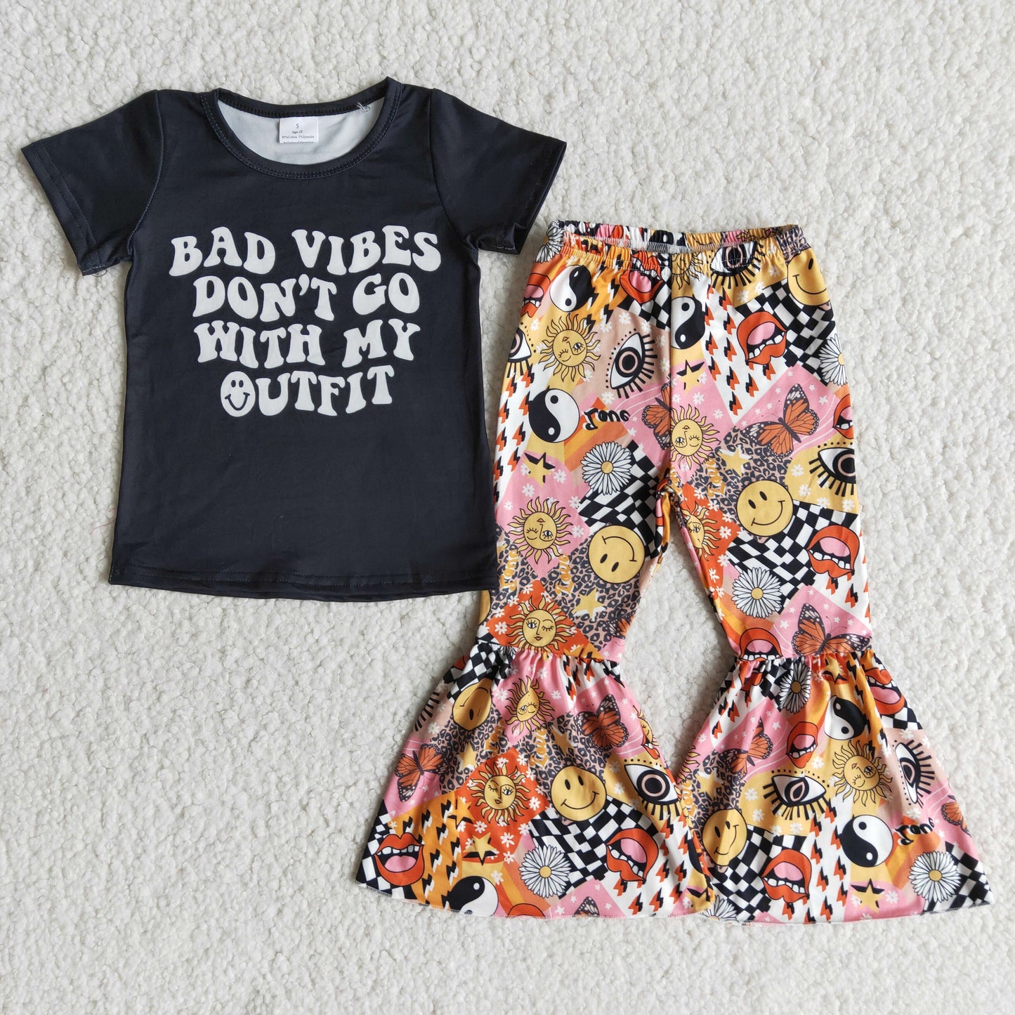 Girls Bad Vibes Outfits Short Sleeves Bell Bottom Pants