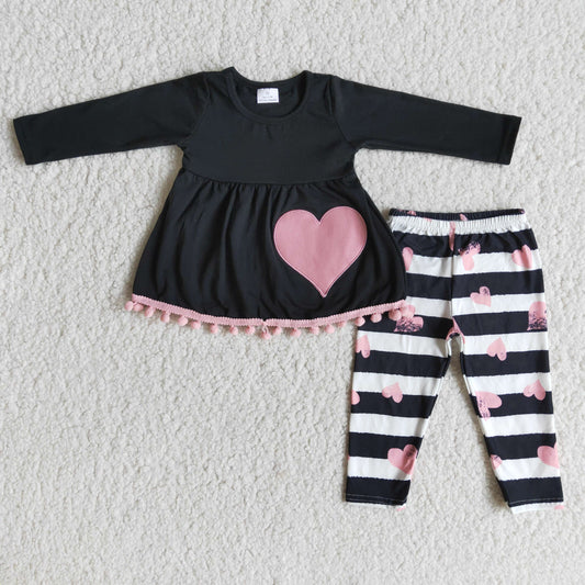 Girls Embroidery Loving Heart Outfits Long Sleeves Stripe Pants